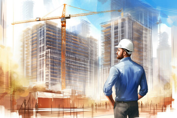 Wall Mural - Illustration of a male engineer in a construction helmet against the background of skyscrapers and a construction crane