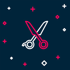 Sticker - Line Scissors hairdresser icon isolated on blue background. Hairdresser, fashion salon and barber sign. Barbershop symbol. Colorful outline concept. Vector