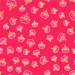 Sticker - Line Shopping basket and food icon isolated seamless pattern on red background. Food store, supermarket. Vector