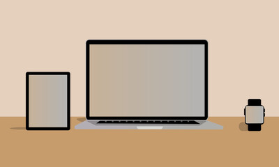 set of electronic devices with blank screens. gold laptop, tablet, phone, smart watch, isolated on w