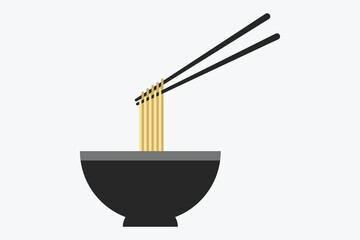 A bowl of noodle with chopstick illustration. Asian food design template. Oriental cuisine flat vector design. Noodle logo concept and icon.