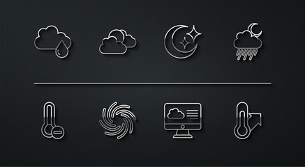 Poster - Set line Cloud with rain, Meteorology thermometer, and moon, Weather forecast, Tornado, Sun cloud weather, and Moon stars icon. Vector