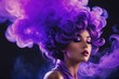 A close up of a stylish woman with violet hair and smoke cloud, sensual expressive lips, beautiful witch with long hair, violet tint. Fashion scent, fresh odour