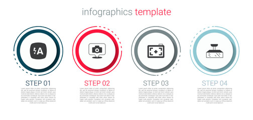 Sticker - Set Auto flash, Photo camera, and Softbox light. Business infographic template. Vector