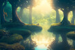 Fantasie voll romantisch mystischer alter Wald im Morgendunst Sonnenaufgang mit Sonnenstrahlen, die durch dichte Bäume und Grün strahlen. Ein Teich im Zentrum. Märchenhafte natürliche Romantik.