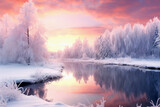 Fototapeta Do pokoju - Winter Landscape At Sunset. Frozen Tree By The Lake. Ai Generated
