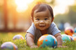 Curious Asian Infant Crawling on Vibrant Green Grass - Outdoor Exploration