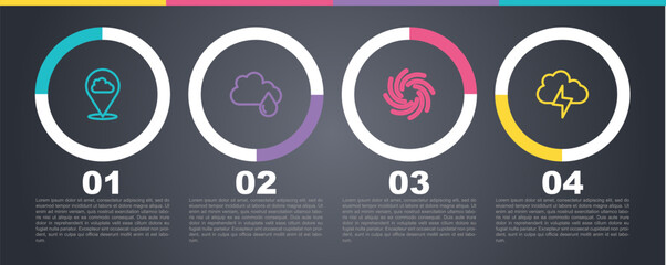 Sticker - Set line Location cloud, Cloud with rain, Tornado and Storm. Business infographic template. Vector