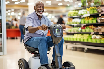 Elderly African American man on a mobility scooter at the mart, choosing groceries