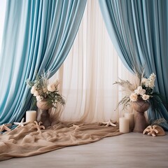 Wall Mural - curtains in seashell pattern on beach, in the style of spectacular backdrops, light navy and light aquamarine, ethereal lighting, gossamer fabrics