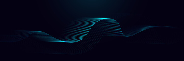 Fototapete - Blue abstract digital dynamic wavy glowing line banner background. Network or connection. Modern futuristic hi-technology concept. Vector illustration