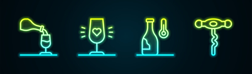 Sticker - Set line Wine tasting, degustation, glass, temperature and corkscrew. Glowing neon icon. Vector