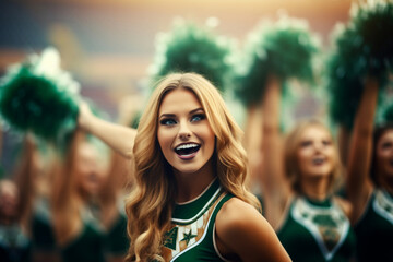 Wall Mural - High school cheerleaders at the stadium, showcasing their spirited routine