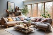 Salon avec canapé dans une pièce lumineuse en automne. Living room with sofa in a bright room in autumn