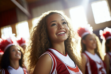 Wall Mural - American college cheerleaders in the gym, leading the cheer with enthusiasm