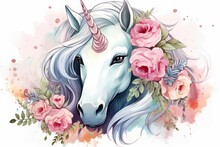 Whimsical Cute Unicorn With Flowers. Wild Style. Generate AI