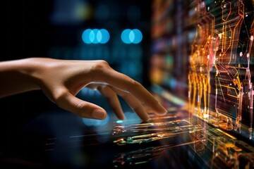 Wall Mural - futuristic abstract image of human hand touching an information digital environment. hand permeated 