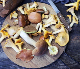 Mix of forest mushrooms on cutting board over old wooden table