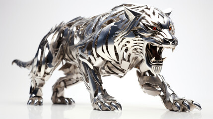 Wall Mural - A sculpture of a tiger on a white surface, metal tiger statue