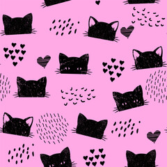 Wall Mural - Black and pink seamless pattern with silhouette cats face. Cool texture background. Wallpaper for teenager girls. Fashion style