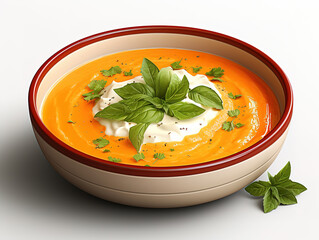 Wall Mural - Carrot cream soup with basil and cream, In a bowl, Healthy food concept. Generative Ai