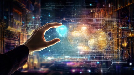 Wall Mural - futuristic abstract image of human hand touching an information digital environment. hand permeated 