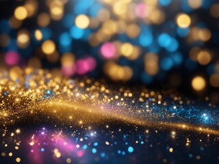 defocused banner with blue, gold, and black tones, stunning blue and gold glittering backdrop, elegant abstract glitter lights background