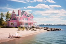 A Beachfront House With A Lovely Pink Color Immersed In A Scenic Summer Environment. Generative AI