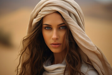 Wall Mural - Beautiful arabic woman wearing veil in sandy desert Generative Ai illustration