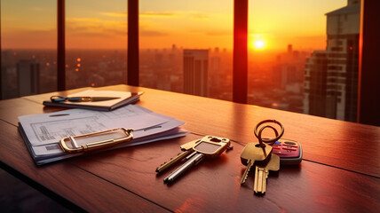 Canvas Print - sunset view on the table with the city and the key