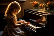 Serene Girl Plays Piano In Light. Kid Play. Fictional Person. Generate Ai