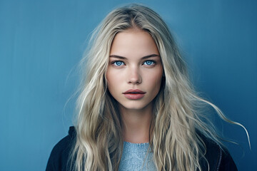 generative ai portrait of young woman natural beauty wear winter season clothes isolated on blue col