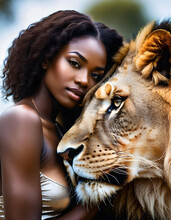 Portrait Of A Beautiful African Girl Who Cuddle With  A Lion, Close Up , Illustration. Generative Ai