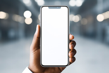 Hand holding smartphone with blank white screen