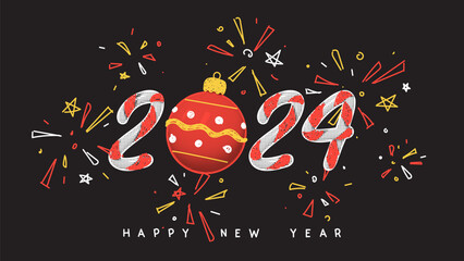 Wall Mural - Happy New Year 2024 card. Vector illustration with halftone number 2024, ball and hand drawn doodle fireworks. Halftone New Year symbol made from candy cane for banners, posters, social media.