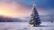Tannenbaum draußen im Winter. Winterlandschaft mit Weihnachtsbaum auf dem freien Feld. Besondere Tanne mit Ausblick im Schnee in der Dämmerung. Ideal als Grußkarte oder Einladungskarte mit Text Platz.
