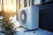 canvas print picture - Wärmepumpe am Haus im Winter. Elektrische Heizung von außen im Schnee. Heizen mit Erdwärme oder Luft zu Luft Pumpen. Elektrische Heizung in Deutschland.