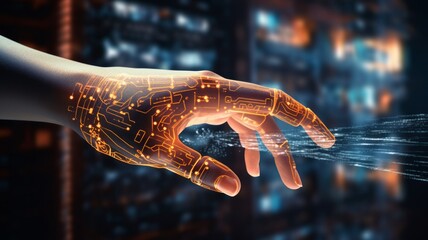 Wall Mural - futuristic abstract image of human hand touching an information digital environment. hand permeated 