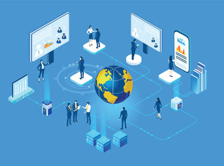 Successful business people are working around big globe. Start up, international business concept working together, cooperating on ideas. Isometric business concept environment