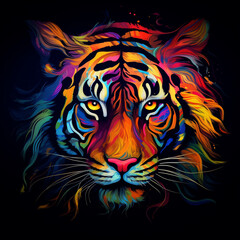 Wall Mural - Tiger. Abstract, neon, multi-colored portrait of a tiger head on a dark background. Generative AI