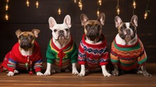 Cute French Bulldog Wearing Knitted Christmas sweater Background. Funny Dog Puppy Dressed Up In Warm Costume In Winter. Ugly Christmas Sweater Jumper Day Concept.