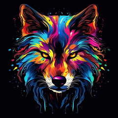 Wall Mural - Wolf. Abstract, neon, multi-colored portrait of a wolf on a dark background. Generative AI