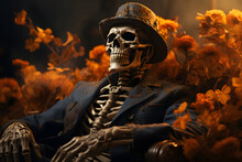 A Halloween, Scary, Horror Human Skeleton With Black Coat And Hat Sitting And Resting With Yellowish Flowers 