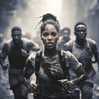 Group of black people running for freedom with mud-stained clothes; Black life matters; Black woman at front; 4K(1:1)