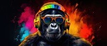 DJ Gorilla Animal Who Mixes The Best Music For The Party. Not To Mention That Animals Don't Understand Music... Wide Screen Generative AI