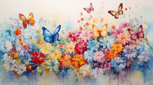 Acryl Drawing Of Small Colorful Flowers And Butterflies