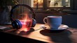 cup of tea and headphone on the table.