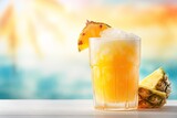 Fototapeta  -  a pineapple drink with a slice of pineapple on the side.  generative ai