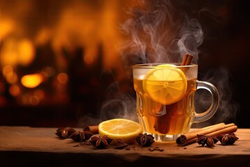  a cup of hot tea with lemon and cinnamon on a table.  generative ai