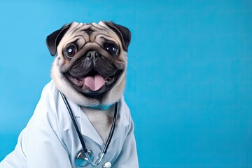 Wall Mural - Cute pug wearing doctor uniform. Purebred dog happiness. Generative AI